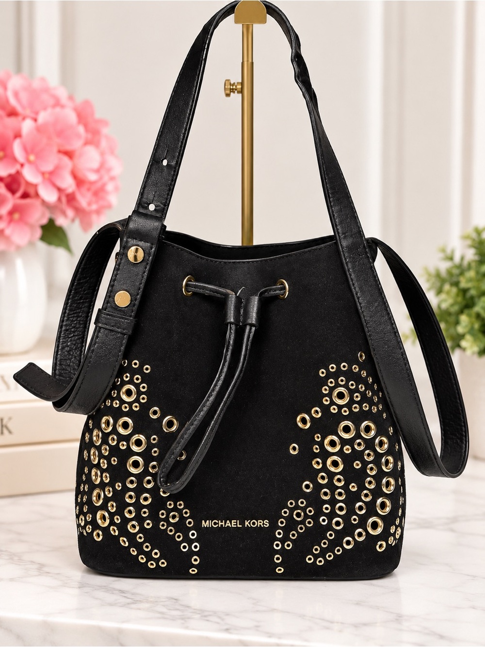 Michael Kors Cary Black Suede Drawstring Bucket Bag grommets gold Accents